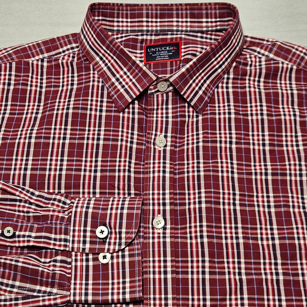 UNTUCKit Button Down Shirt Mens XL Burgundy Plaid Slim Fit Wrinkle Free Cotton